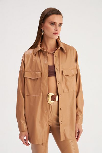 Sateen Long Leather Shirt with Pockets - Beige