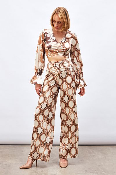 Sateen Camel Patterned Loose Trousers - Front Drawstring