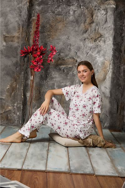 Sude Bamboo Women's Pajama Set - Short Sleeve and Guipure Detail