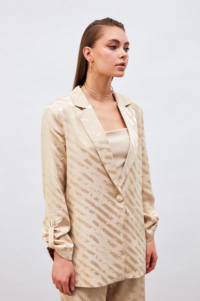 Sateen Patterned Casual Jacket with Sleeve Detail - Beige
