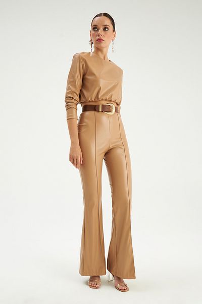 Sateen Flared Leg Leather Trousers - Beige