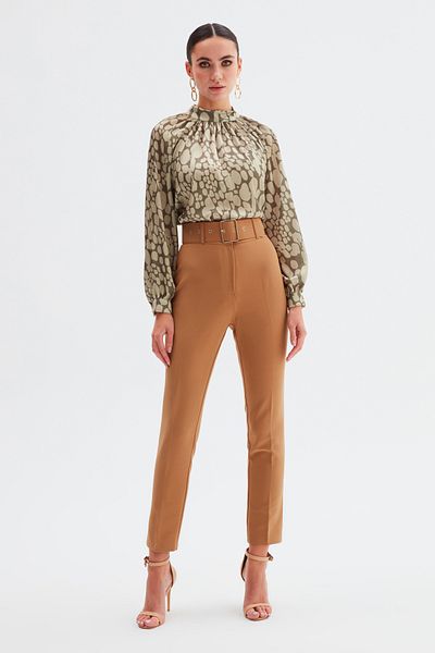 Sateen High Waist Belted Shirt - Camel