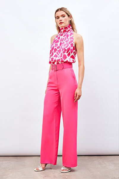 Sateen Belted Wide Leg Trousers - Fuchia