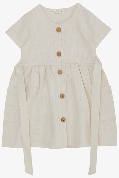 Breeze Girl's Linen Dress Buttoned with Side Pockets 1.5-5 Years, Cream