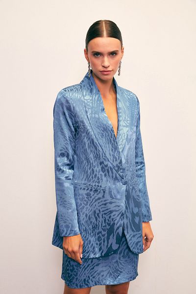 Sateen Shawl Collar Patterned Jacket - Indigo