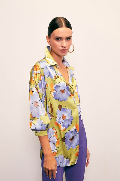 Sateen Floral Patterned Oversize Shirt - Olive