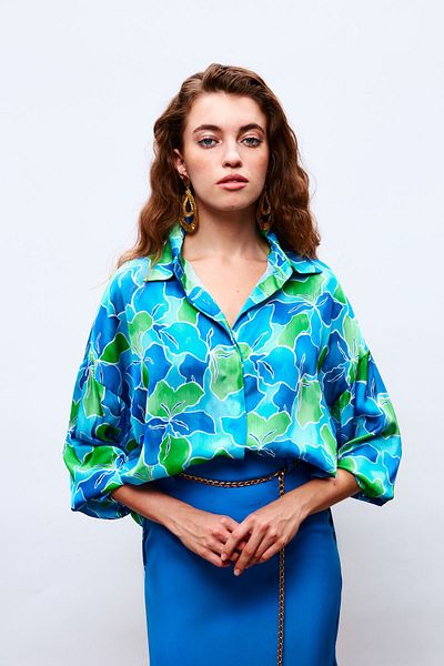 Sateen Floral Patterned Casual Shirt - DARK BLUE-GREEN