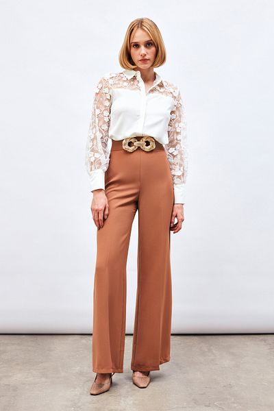 Sateen Loose Crepe Trousers - Camel