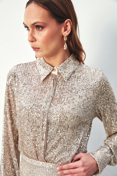 Sateen BEIGE Color Sequined Casual Shirt