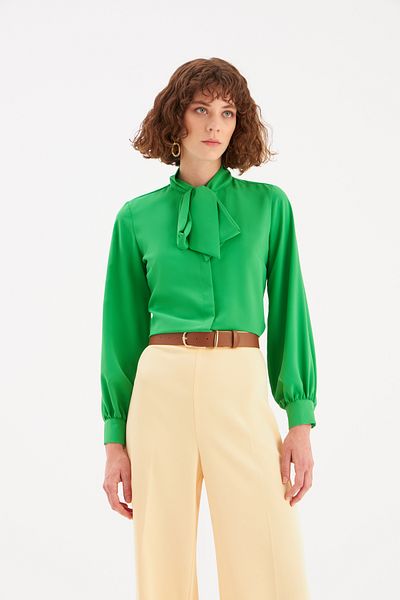 Sateen Tie Collar Plain Shirt - Green