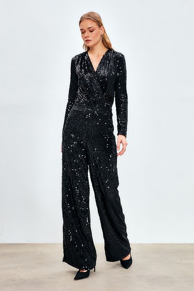 Sateen Wide Leg Sequined Trousers - Black