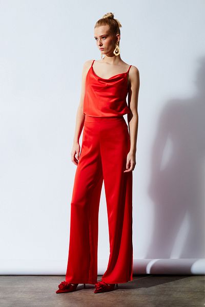Sateen Slit Detailed Satin Trousers - Orange