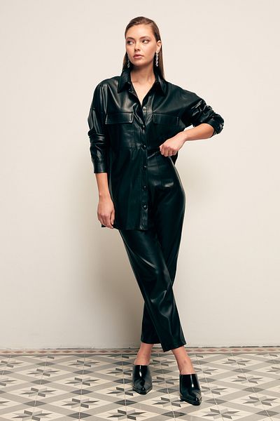 Sateen Pleated Leather Trousers - BLACK