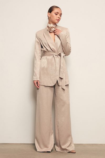 Sateen Beige Colored Wide Leg Trousers