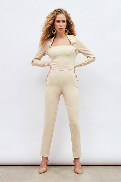 Sateen Pantaloni cu detaliu nasturi - Bej