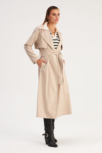Sateen Trench din piele cu centură lungă - piatră