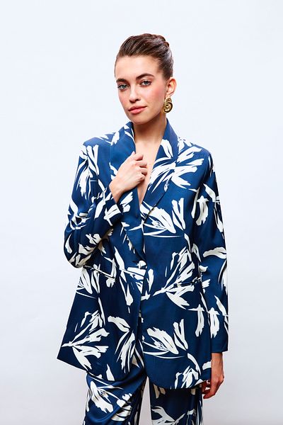 Sateen Patterned Loose Satin Jacket - Dark Blue