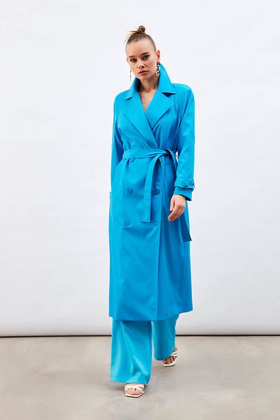 Sateen Belted Long Trench - Blue