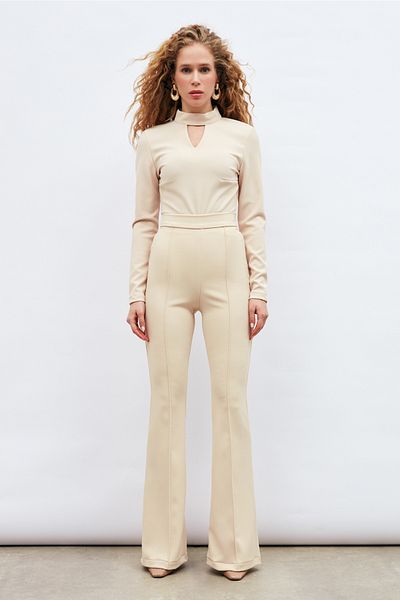 Sateen Beige Flare Leg Trousers