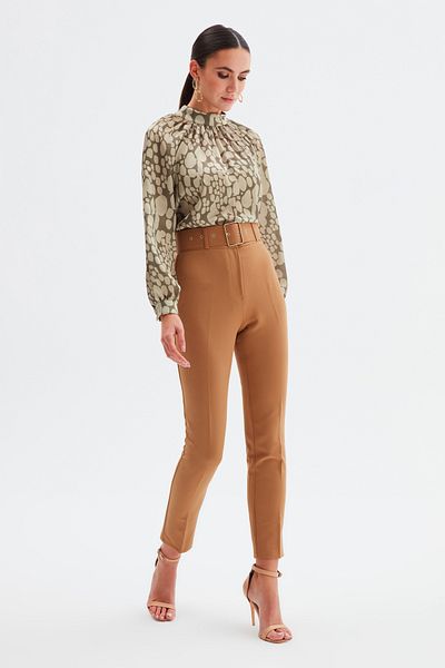 Sateen High Waist Belted Shirt - Camel