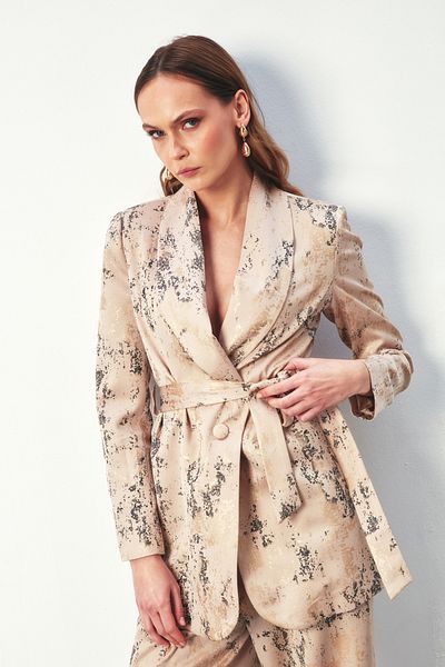 Sateen Beige Colored Bright Patterned and Belted Long Jacket
