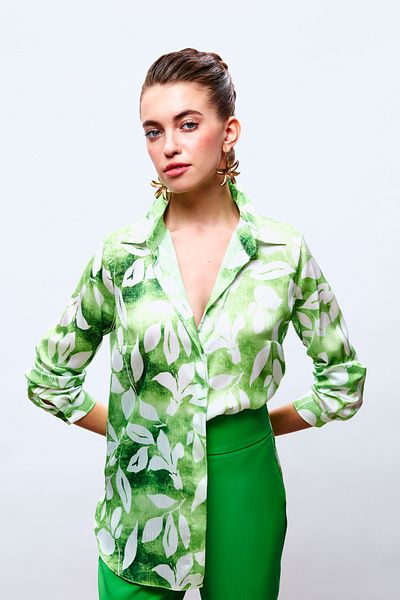Sateen Patterned Long Shirt - Green