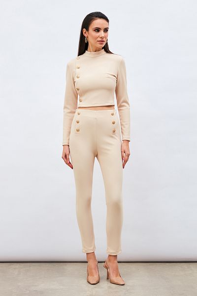 Sateen Button Detailed Trousers - Beige
