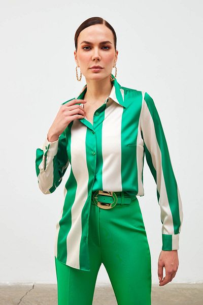 Sateen Cămașă casual în dungi - Verde