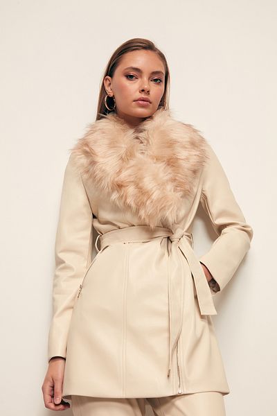 Sateen Fur Detailed Leather Jacket - STONE