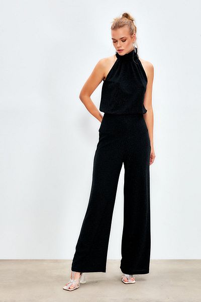 Sateen Pantaloni cu picioare largi cu sclipici - NEGRI