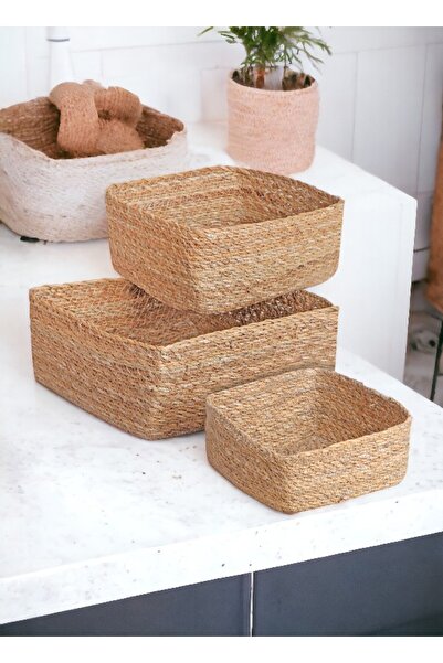 Çavdar Group Hasır El Örmesi 3 lü Çok Amaçlı Estetik Sepet Havluluk Organizer