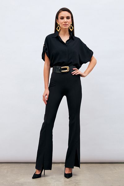Sateen Slit Detailed Spanish Trousers - Black