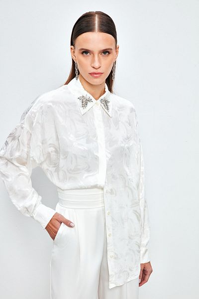 Sateen قميص منقوش مع إكسسوارات الياقة - ECRU