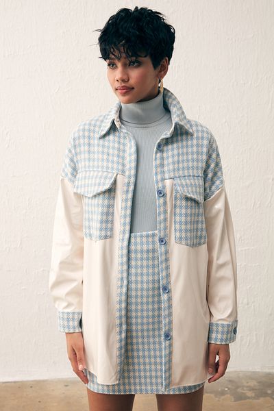 Sateen Patent Leather Houndstooth Shirt - Baby Blue