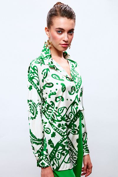 Sateen Patterned Loose Satin Shirt - Green