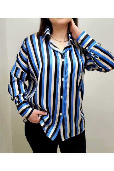 Arzu White Blue Black Striped Satin Shirt