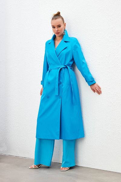 Sateen Belted Long Trench - Blue