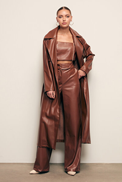 Sateen Δερμάτινο Trench με μακριά ζώνη - Καφέ