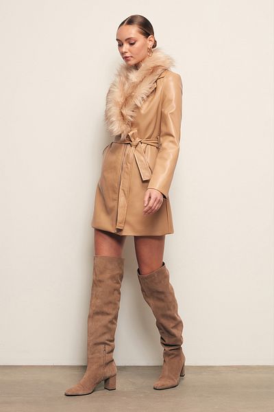 Sateen Fur Detailed Leather Jacket - BEIGE