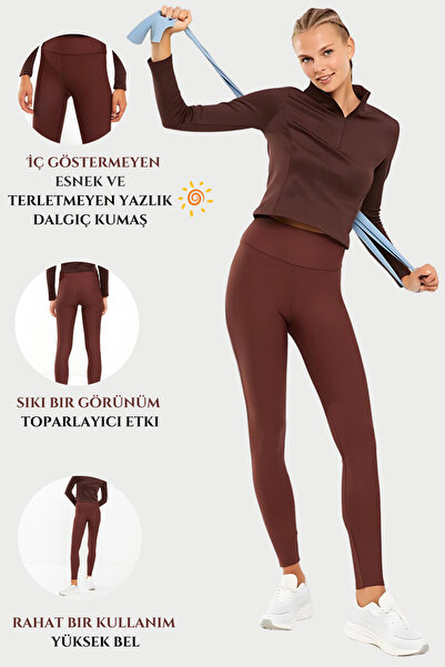 Bled Dalgıç Kumaş , Yüksek Bel Ve Toparlayıcı Premium Yazlık Tayt Kahverengi