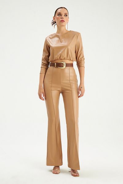 Sateen Flared Leg Leather Trousers - Beige