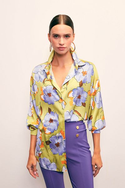 Sateen Floral Patterned Oversize Shirt - Olive