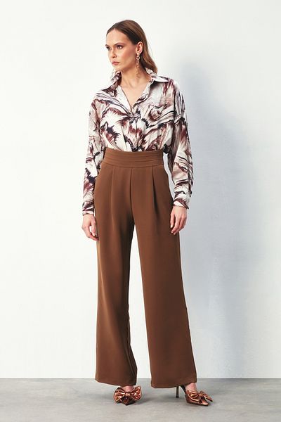 Sateen Brown Trousers with Pockets and Waist Detail