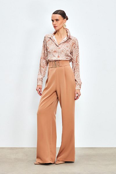 Sateen Wide Leg Trousers with Waist Accessories - CAMEL