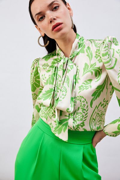 Sateen Patterned Shirt with Scarf - Green