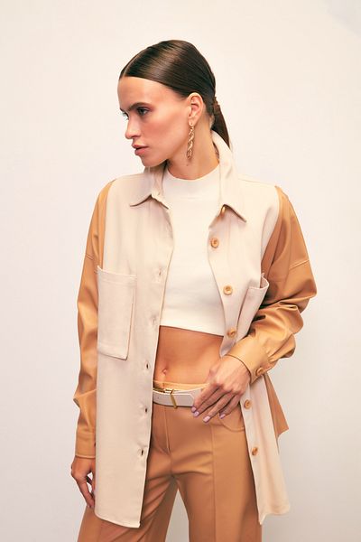 Sateen Leather Detailed Shirt with Pockets - Beige-Stone