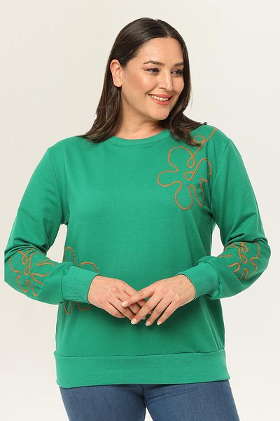 Ebsumu Γυναικείο φούτερ Plus Size Basic Green με λεπτομέρεια κεντήματος