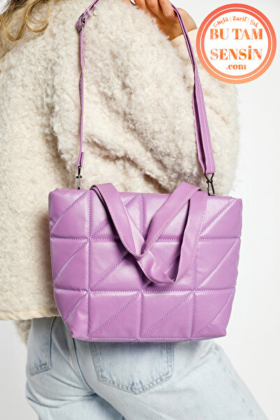 Bu Tam Sensin Kadın Lila Kapitone Nakışlı Fermuarlı Tek Bölmeli Çift Tutma Sa...