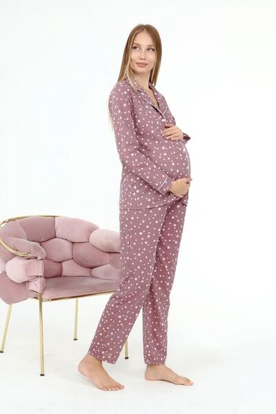 LİKAPA Σετ μακρυμάνικη πιτζάμες εγκυμοσύνης και μητρότητας Likapa - Μπροστινά κουμπιά