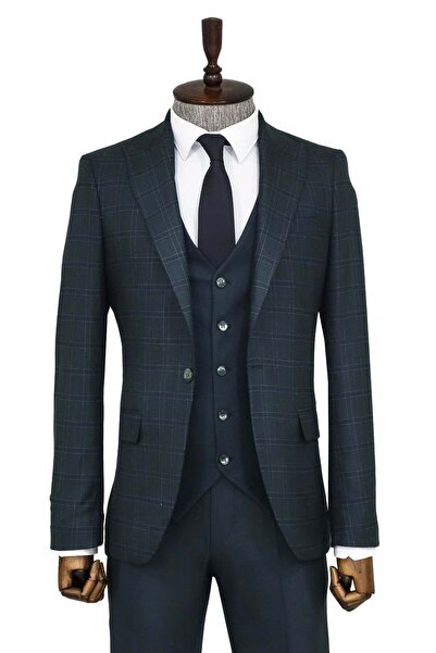 Wessi Ekose Ceketli Slim Fit Yeşil Erkek Takım Elbise - Wessi